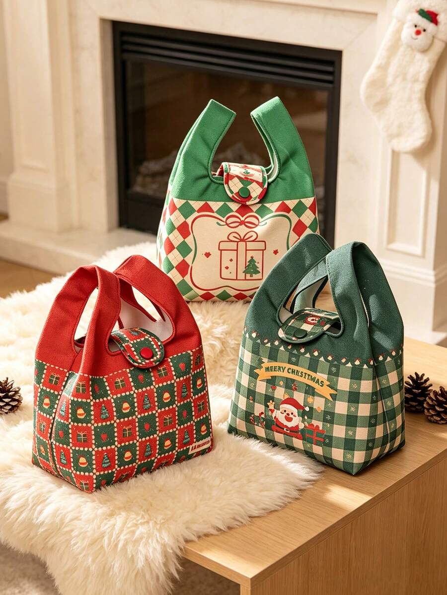 1PC Festive And Ins Style Canvas Material Square Shape Handbag Featuring Snap Button Closure And Merry Christmas Pattern Multi-Purpose Storage Organizer Tote Bag For Winter Holiday Season Christmas Party And Daily Commuting Christmas Home Decor - Multiple Styles - View 1
