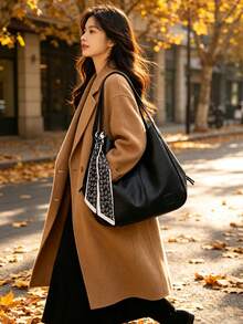 Women's Fashion Soft Leather Large Capacity Commuter Tote Bag Scarf Bucket Bag - Black - View 3