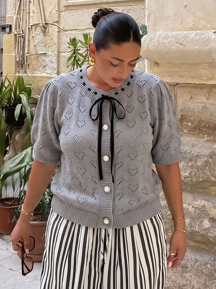 2026 Spring/Summer New Breathable Comfortable Elastic Round Neck Bow Knit Top, Versatile Elegant Vacation Sweater - Grey - View 1