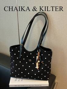 1 pièce Sac à épaule de mode en tissu suédé mat de couleur unie, sac à main vintage décontracté pour femmes avec bouton-pression et fermeture éclair, grand sac fourre-tout de grande capacité, convient pour les voyages, les achats, les rendez-vous, cadeau pour femmes, convient aux adolescentes, aux étudiantes, aux débutantes et aux employées de bureau, très adapté pour le bureau, le campus, le travail, les affaires, les trajets, l'extérieur, les voyages, les sorties (vendu avec pendentif) - Noir - Voir 2
