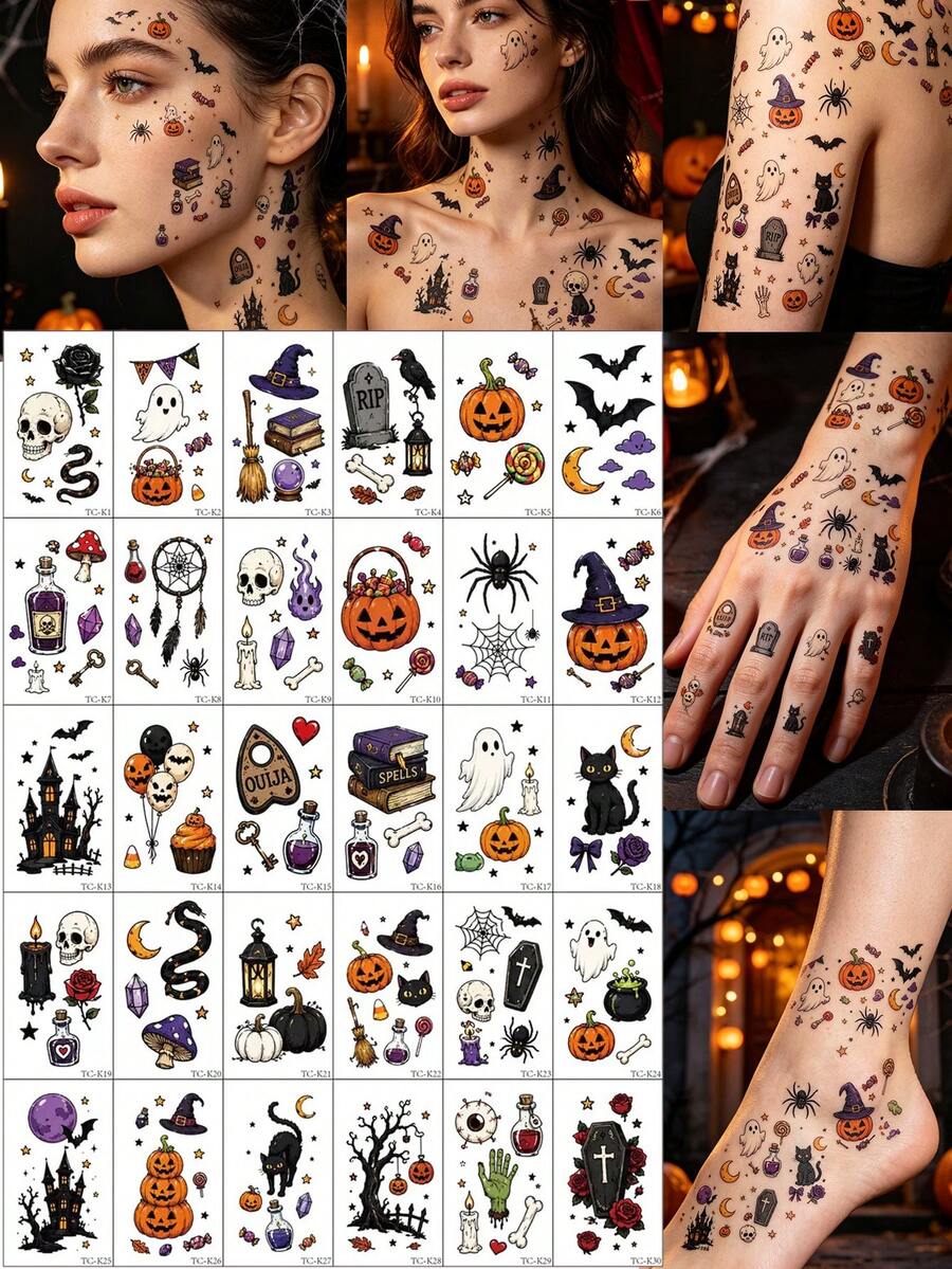 30pcs Halloween Temporary Tattoo Stickers - Colorful Realistic Fun Patterns: Spider, Pumpkin, Ghost, Cat, Witch, Bat, Etc. Waterproof Semi-Permanent, Suitable For Men And Women On Fingers, Arms, Behind Ears, Ankles, Collarbones, Etc. - Multicolor - View 1