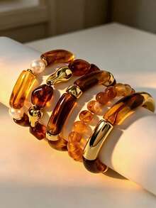 5pcs Multi-Layer Stackable Fashion Minimalist Elegant Exquisite Vintage Design Bohemian Style Colorful Resin Marrone Color Palette Geometric Asymmetrical Tie-Dye Pattern Beaded Patchwork Design Faux Pearl CCB Multi-Element Exaggerated Wide Chunky Elastic Bracelet Set, Holiday Vacation Party Date Gift, Daily Commute Wear, Personalized - Multicolor - View 3