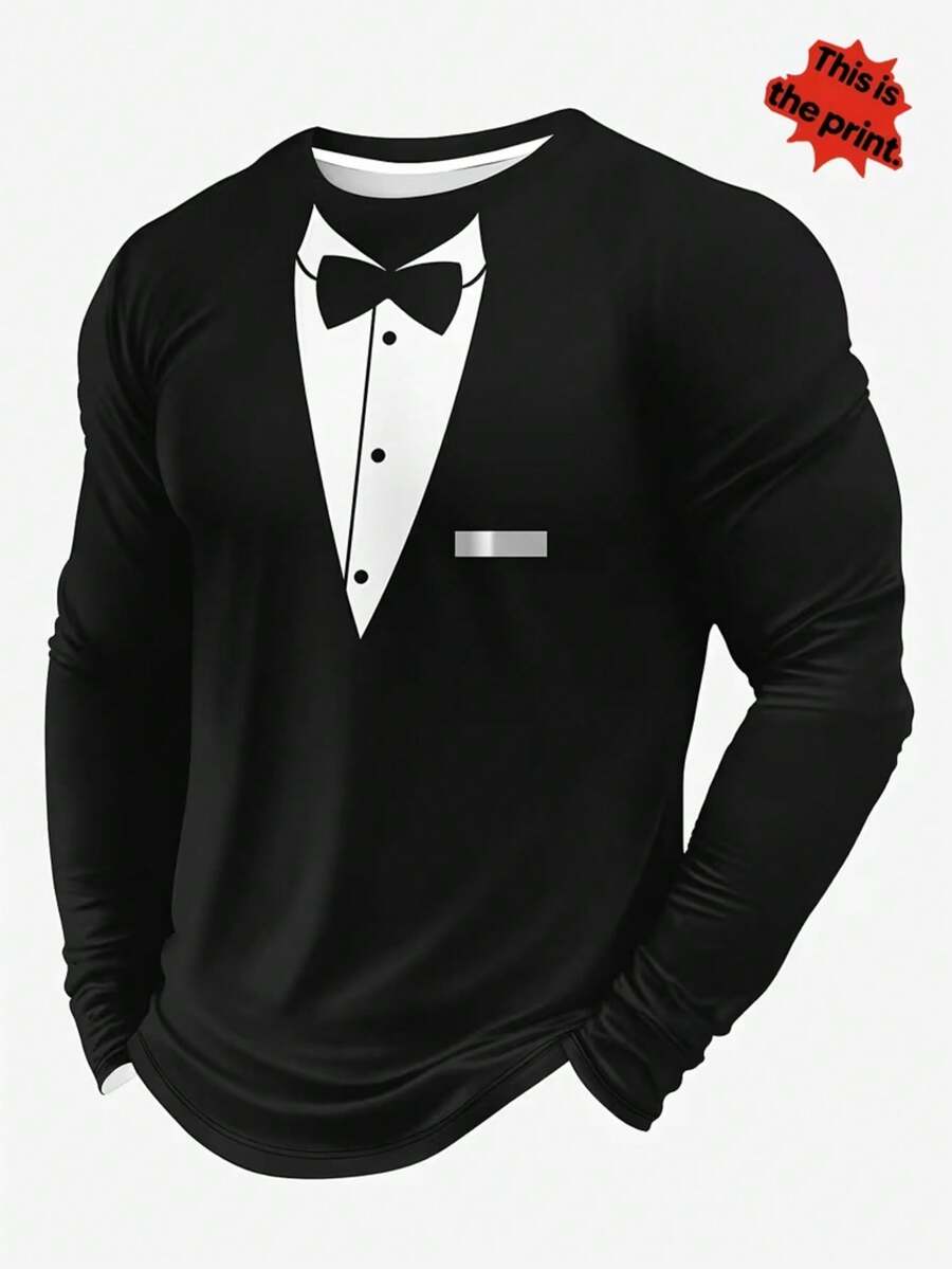 Kaos Lengan Panjang Cetak 3D Motif Dasi Jas Kreatif, Desain Gaun 2 in 1, Pakaian Pesta Pria, Pullover Leher Bulat Longgar - Hitam - View 1