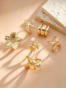 14pcs Flower & Starfish Women's Ring Set, Elegant Luxury Multi-Piece Open Band Rings, Party Vacation Daily Wear Finger Accessories, Fashion Jewelry Gift - Gold - View 4