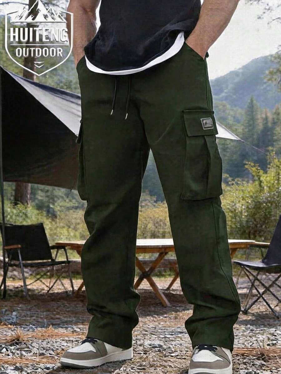 男士戶外運動工裝登山褲,寬鬆版型,多口袋設計,適合登山徒步、露營與日常穿著 - 軍綠色 - 查看 1