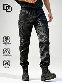 Men's Loose Thin Outdoor Camouflage Cargo Pants With Multiple Pockets And Cuffed Hem - Black - View 1