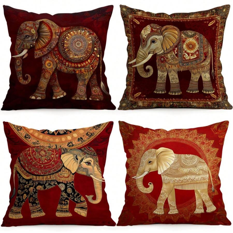 4pcs Style Elephant Pattern Pillow Covers Without Inserts, Single-Sided Printed Pillow Covers, Suitable For Living Room Bedroom Home Decor, All-Season Pillow Covers - Multicolor - View 1