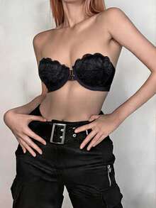 Gothic Lace Front Closure Strapless Bra, Sexy Non-Slip Seamless Women's Lingerie - Black - View 1