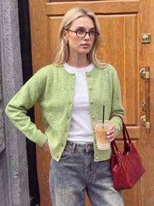 Nicenter Women's Fall Winter Casual Sage Green Melange Fitted Cardigan, Button Down Long Sleeve Wool Blend Sweater, Cozy Simple For Office Daily Home Date - Green - View 3