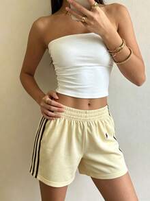 Solid Color Contrast Trim Elastic Waist Loose Shorts Summer - Light Yellow - View 2