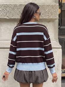 Women's Blue Colorblock Crew Neck Long Sleeve Sweater Set, Autumn/Winter, Skin-Friendly, Slouchy, Casual Daily Wear - Brown - View 12