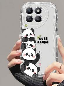 1pc Cream Clear Wavy Edge Stacked Cute Panda Print Phone Case, Soft Transparent TPU Shockproof Protective Cover, Cartoon "Cute Panda" Pattern Phone Case Compatible With Samsung, Series Phones - Clear - View 2