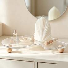 1 buah Nampan Akrilik Transparan Premium untuk Perhiasan & Kosmetik, Nampan Penyimpanan Dekoratif dengan Pola Geometris Elegan untuk Rumah, Kamar Mandi, Kosmetik, Perhiasan, Parfum, Minyak Esensial | Alas Kayu - Putih - View 2