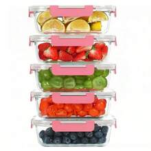 5Pcs Glass Containers With Lids | Meal Prep Containers | Glass Food Container With Lid, Airtight Seal, Leakproof Lid | Dishwasher | Freezer & Microwave - Pink - View 1