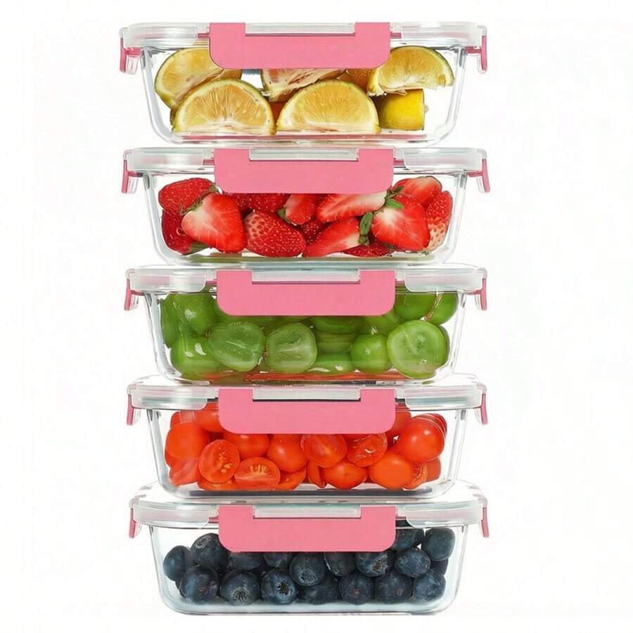 5Pcs Glass Containers With Lids | Meal Prep Containers | Glass Food Container With Lid, Airtight Seal, Leakproof Lid | Dishwasher | Freezer & Microwave - Pink - View 1