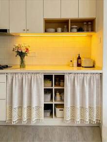 1Pc,Boho Beige Geometric Hollowed Crochet Tassel Short Curtain Retro Imitation Linen Half Curtain For Living Room Kitchen Homestay Decortive - Beige - View 8