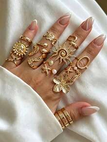 14pcs Flower & Starfish Women's Ring Set, Elegant Luxury Multi-Piece Open Band Rings, Party Vacation Daily Wear Finger Accessories, Fashion Jewelry Gift - Gold - View 7