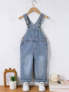 Boys' Denim Overalls, 2-7 Years Light Wash Adjustable Straps, Multi-Pocket, Straight Leg, Casual Everyday Style - Light Wash - View 1