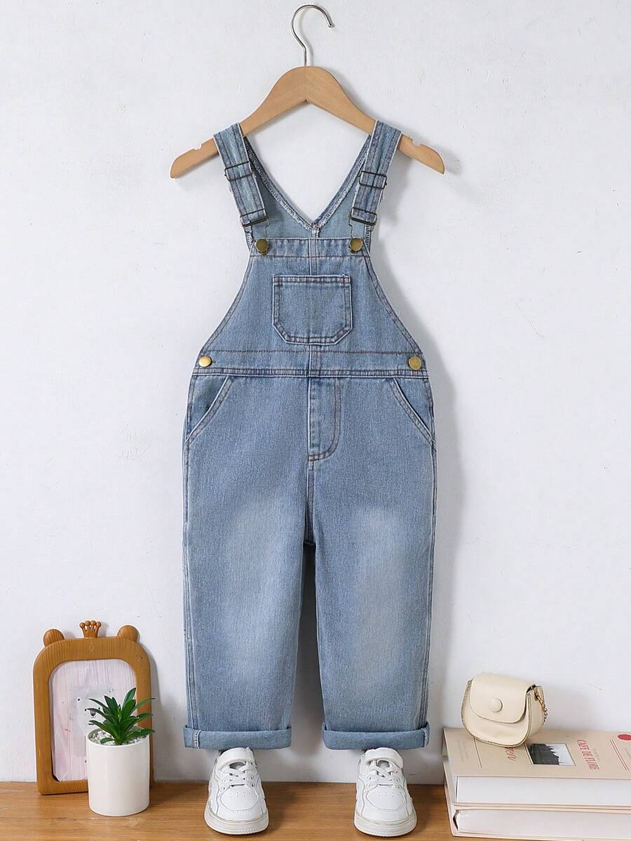 Boys' Denim Overalls, 2-7 Years Light Wash Adjustable Straps, Multi-Pocket, Straight Leg, Casual Everyday Style - Light Wash - View 1