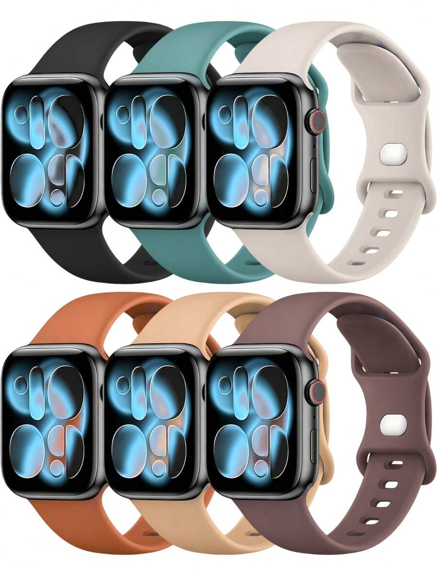 6条柔软硅胶防水替换表带，兼容 41mm、40mm、38mm、45mm、44mm、46mm、42mm、49mm，适用于 Ultra、SE、Series 10、9、8、7、6、5、4、3、2、1，男女皆宜。