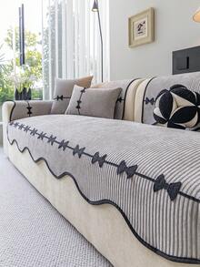 1PC Irregular Shaped Chenille Sofa Cushion With Black Bowknot Decorative Trim, Anti-Cat Scratch, All-Season Use, Easy Care And Machine Washable, Suitable For Pet Living Room, Bedroom, Office Home Decor Sofa Protector Cover - Light Grey - View 1