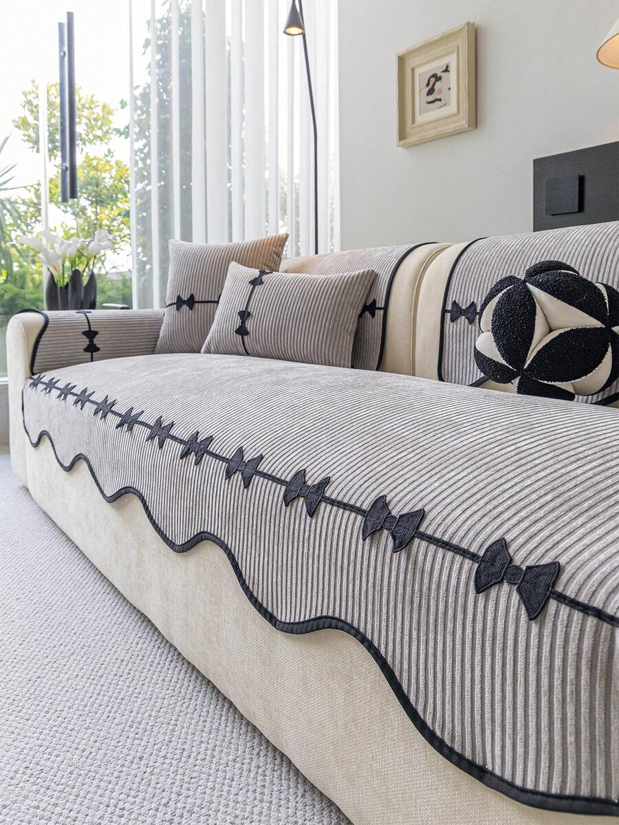 1PC Irregular Shaped Chenille Sofa Cushion With Black Bowknot Decorative Trim, Anti-Cat Scratch, All-Season Use, Easy Care And Machine Washable, Suitable For Pet Living Room, Bedroom, Office Home Decor Sofa Protector Cover - Light Grey - View 1