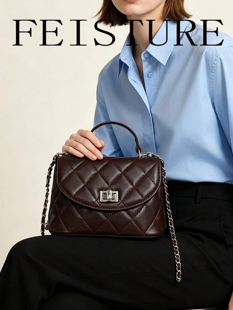 FEISTURE 1 pieza Bolso de mano acolchado con costura de diamante, bolso bandolera vintage con cadena, adecuado para niñas, mujeres, estudiantes universitarias, nuevos profesionales y trabajadores de cuello blanco, perfecto para el trabajo, negocios, desplazamientos y la escuela - Café - Ver 1