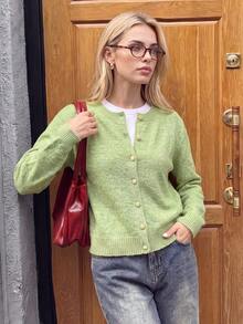Nicenter Women's Fall Winter Casual Sage Green Melange Fitted Cardigan, Button Down Long Sleeve Wool Blend Sweater, Cozy Simple For Office Daily Home Date - Green - View 7