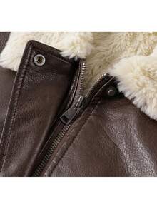 American Korean Style Black PU Leather Jacket With Zipper, College Vacation Casual Autumn/Winter - Coffee Brown - View 6