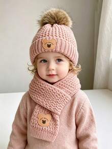 Autumn/Winter Children's Hat Set - Warm Plush Knitted Bear Design Hat, Suitable For 1-3 Years Old Boys And Girls - Multicolor - View 5