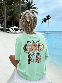 Faith Christian 太陽花豹紋字母背印寬鬆大尺寸 T-shirt，青少年女孩休閒落肩短袖夏季宗教上衣 - 薄荷綠 - 查看 2