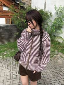 Vintage Low Saturation Autumn/Winter Versatile Casual Collared Striped Knit Cardigan Sweater Jacket For Women - Pink - View 7