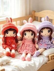 1pc 45cm/17.72in Cute Pink Rabbit Ear Plush Doll, Little Girl Stuffed Doll, Perfect Birthday Gift And Bedroom Decor - Pink - View 3