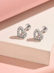 1pc/2pcs Exquisite Hollow Heart-Shaped CZ Pave Flat Back Piercing Studs, 316L Hypoallergenic Stainless Steel Internal Thread Body Piercing Jewelry, Shiny Stackable Ear Cartilage/Helix/Lip Body Jewelry - Heart-shaped - View 11