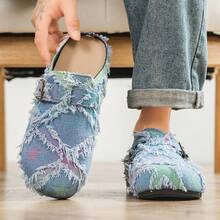 Men's Summer Height-Increasing Closed-Toe Slip-On Loafers, Thick Sole Office Sandals, Personalized Denim Color-Block Tassel Decor, Suitable For Indoor And Outdoor Wear - Light Blue - View 6