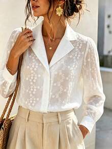 Women's Elegant White Embroidered Front Button Semi-Sheer Blouse, Long Regular Sleeves, Shirt Collar, Suitable For Spring And Autumn - White - View 3