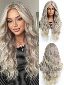 24 Inch Long Body Wave Purple Wig With Curtain Bangs, Heat Resistant Synthetic Wig Dark Black Root Violet Loose Curly Wigs For Women, Natural Looking Fashion Wig For Daily Party Cosplay - Multicolor - View 9