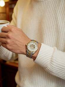 Fossil Men's Automatic Mechanical Watch Two-Tone Stainless Steel Bracelet White Skeleton Dial With Roman Numerals Sophisticated Accessory For Business Casual - White and Gold - View 1