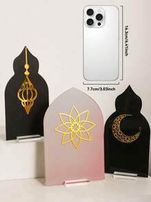 1pc Islamic Arch Golden Applique Tabletop Decor, Saudi National Day Decoration, Crescent Moon Floral Lantern Pattern Ornament, Vintage Moroccan Style Desktop Ornament, Indoor Home Fireplace Decor, Religious Festival Sign, Family Gathering Party Tabletop Decoration - Style 2 - View 4