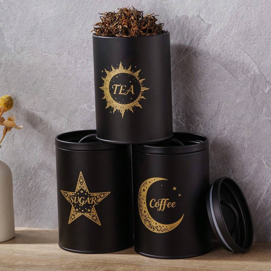 Vintage Golden Sun Moon Star Printed Metal Storage Canisters, 3 Pieces Airtight Tea Coffee Sugar Jars, Decorative Kitchen Pantry Food Storage Containers For Countertop - Black - View 1