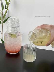 2pcs/Set Glass Water Pitcher And Cup Set, Vintage Transparent Embossed Sunflower Pattern Juice/Milk/Tea Pot And Cup - Multicolor - View 3