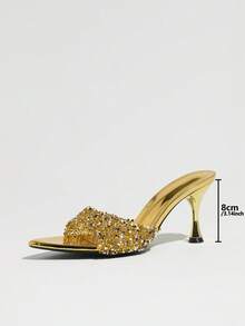 Women's Rhinestone Pointed Toe Mule Sandals, Kitten Heels, High Heel - Gold - View 4
