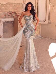 Elegant Women's Strapless Formal Gown With Beaded Sequin Mermaid Design And Flowing Mesh Tail Vacation - Apricot - View 4