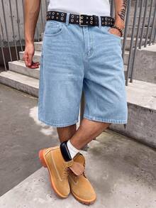 Quần short denim nam dáng rộng, màu xanh nhạt giặt wash, độ dài vừa, phong cách đường phố thường ngày - Rửa nhẹ - Xem 4