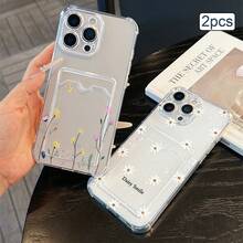 2pcs Floral Print Card Holder Transparent TPU Shockproof Full Coverage Protective Phone Case Compatible With Apple 11/12/13/14/15/16/17 Pro Max - Clear - View 1