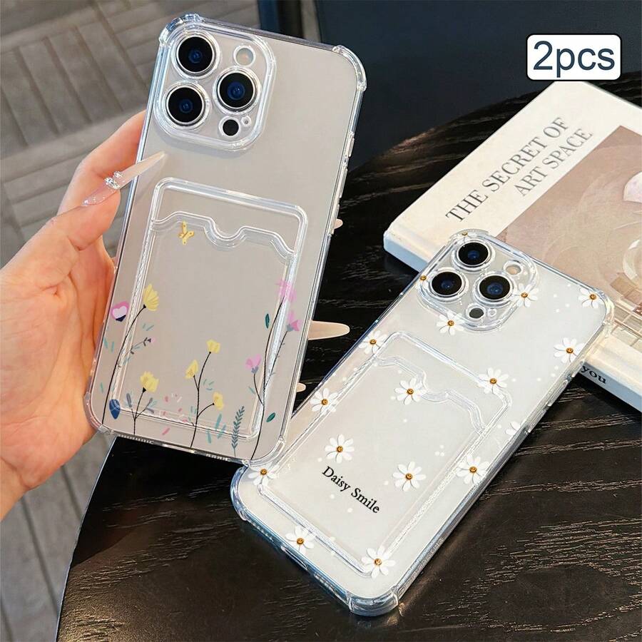 2pcs Floral Print Card Holder Transparent TPU Shockproof Full Coverage Protective Phone Case Compatible With Apple 11/12/13/14/15/16/17 Pro Max - Clear - View 1