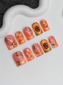 Uñas postizas cuadradas hechas a mano estilo Y2K Hot Girl, nude, naranja, verde con puntas francesas, diseño floral, papaya, elemento de metal líquido asimétrico, uñas postizas puramente hechas a mano, adecuadas para mujeres y niñas, puntas de uñas brillantes, 10 piezas/3 tamaños, adecuadas para fiestas, baile, uso diario, incluye kit de herramientas, se puede regalar a mujeres y niñas. - Multicolor - Ver 1