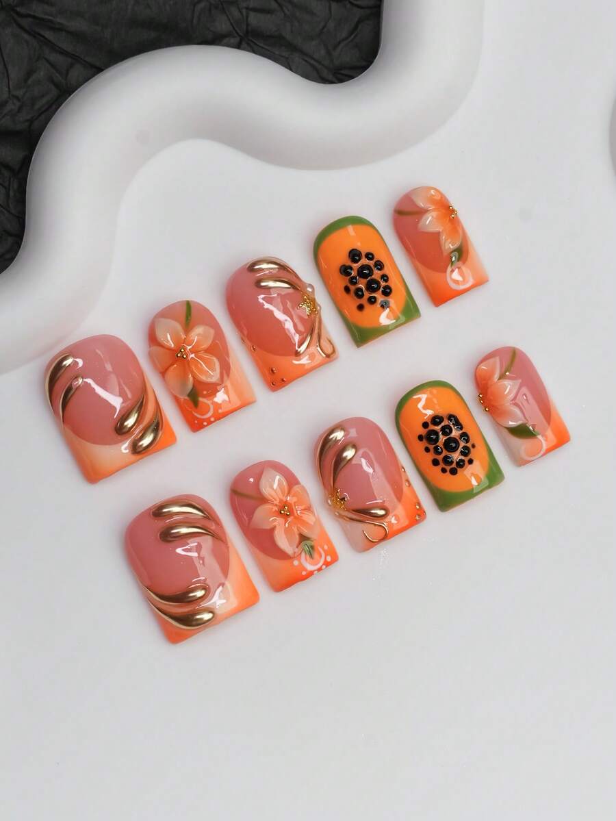 Uñas postizas cuadradas hechas a mano estilo Y2K Hot Girl, nude, naranja, verde con puntas francesas, diseño floral, papaya, elemento de metal líquido asimétrico, uñas postizas puramente hechas a mano, adecuadas para mujeres y niñas, puntas de uñas brillantes, 10 piezas/3 tamaños, adecuadas para fiestas, baile, uso diario, incluye kit de herramientas, se puede regalar a mujeres y niñas. - Multicolor - Ver 1