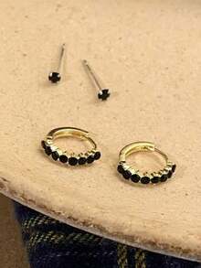 4件組黑色極簡小圓環耳環女款，黑色鋯石耳環耳夾，適合日常穿戴與辦公室，疊戴設計 - B款 - 查看 3