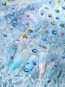2 Peças Adesivos de Unha 5D em Relevo de Peixes do Oceano, Decalques de Unha Autoadesivos Fofos de Estrela do Mar, Coral e Concha em Estilo Cartoon, Decorações de Arte de Unha Kawaii de Verão com Padrão Colorido de Pequenos Peixes para Acessórios de Manicure DIY - Multicolorido - Visão 7